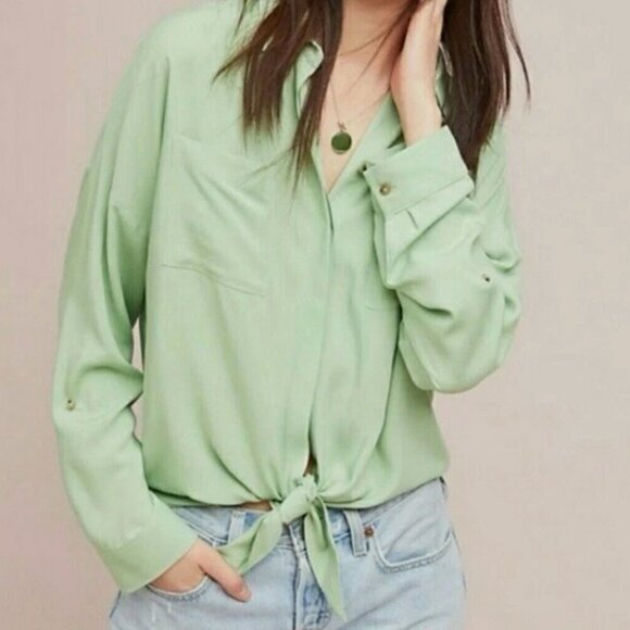 Maeve By Anthropologie Tie Front Shirt Women S Mint Green Relaxed Button Blouse - Picture 1 of 8
